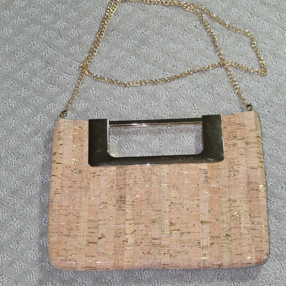 Cork and Metallic Gold Flecks with Chain Strap Formal Clutch Purse EUC